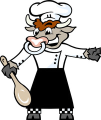 A Happy Bull Chef standing and welcome with a spoon in his hove