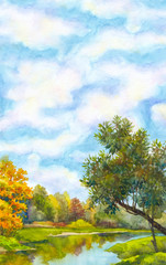 Fototapeta premium Tle akwarela z krajobrazem w słoneczny jesienny dzień