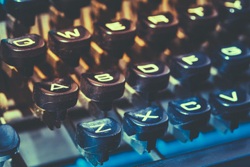 Close Up Of Antique Typewriter Keys. Old Manual Retro Keys, Vint
