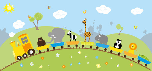 animals train, hills with buildings- vectors for kids