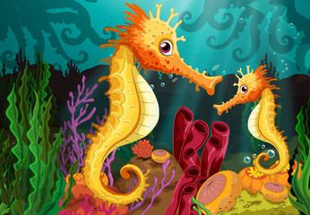 Naklejka premium Two seahorses under the sea