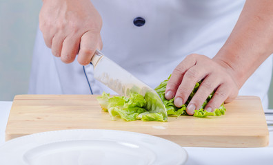 chef cutting lettuce