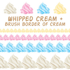 Whipped cream and border colorful brush. Vector set.