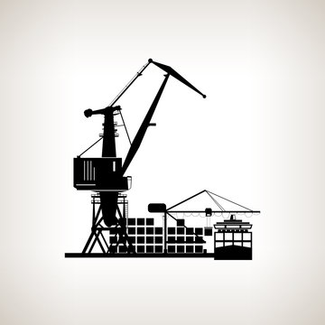 Silhouette cargo container ship with cargo crane