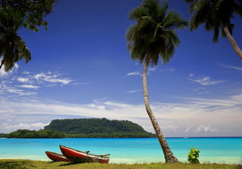 Red canoes-Port Olry-Vanuatu - obrazy, fototapety, plakaty