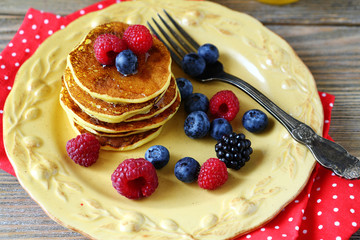 Pancakes with raspberries and blueberries