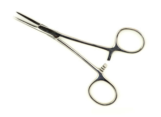Top aerial view of surgical hemostat forceps in studio