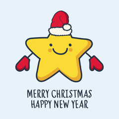 Funny sketching star in hat and mittens. New Year and Christmas