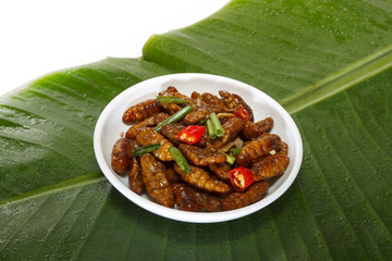 Fried edible insects on white plate and green leaf