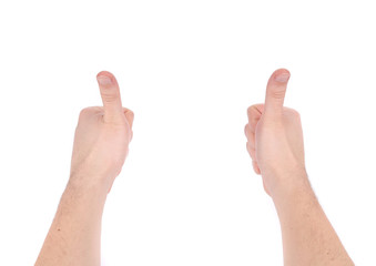 Man's hands show thumbs up.