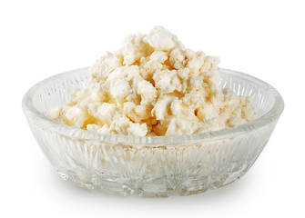 Fresh delicious cottage cheese in a glass dish