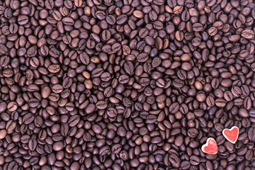 two hearts on the background of coffee