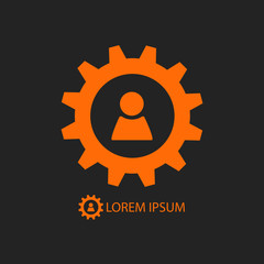 Orange gear wheel and person sign as logo on black