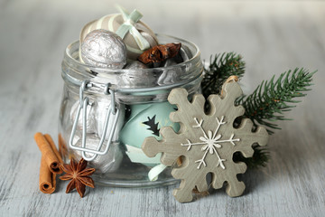 Beautiful Christmas composition with silver walnuts,