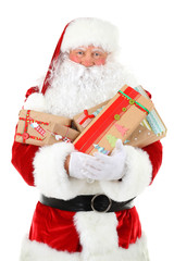 Santa Claus holding gift boxes isolated on white background