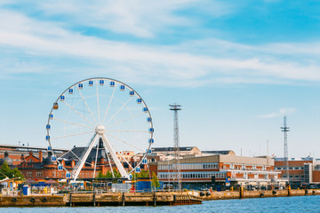 Port In Helsinki City, Finland. Cityscape View From Sea