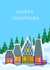 Small Colorful Winter Village At Merry Christmas Card