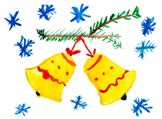 Naklejka premium Christmas bell on tree with snowflakes. Child drawing.
