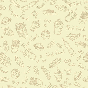 Vector pattern with hand drawn fast food on beige background