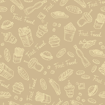Vector pattern with hand drawn fast food on brown background