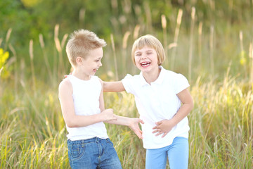 Fototapeta premium Portrait of a boy and girl on the meadow in summer