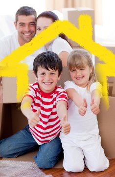 Composite image of family moving house with boxes and thumbs up