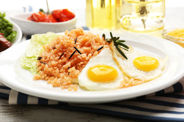 Tasty rice served on table, close-up