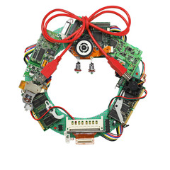 geeky christmas wreath made by old computer parts, no shadow