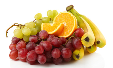 Grape, apples, orange and bananas isolated on white background