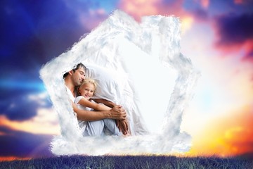 Composite image of father and daughter relaxing on bed