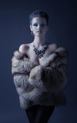 beautiful girl in the image of the Snow Queen in a fur coat