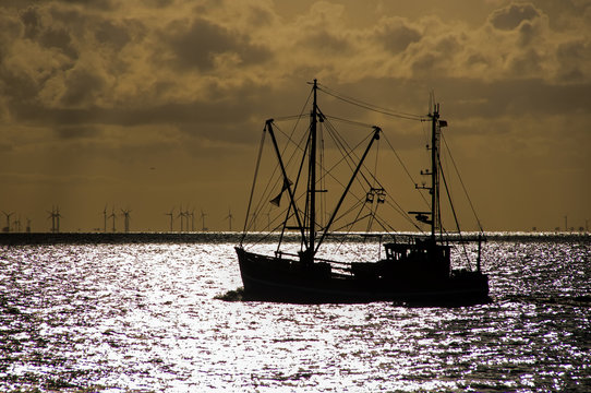 Fischerboot bei Sonnenaufgang in der Elbm&uuml;ndung bei Cuxhaven