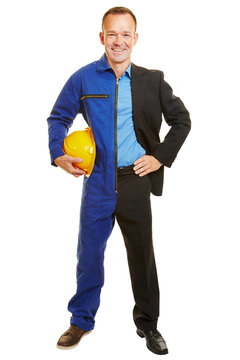 Mann halb als Arbeiter und Gesch&auml;ftsmann