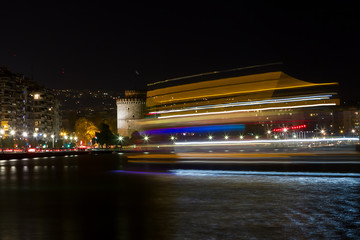 Thessalokini seafront with lights and reflections in the evening