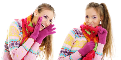 Collage, Two beautiful happy woman in a knitted jacket