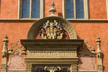 Fragment of decorative stucco of the old town hall. Prague.