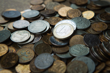 one euro coin on russian roubles coins