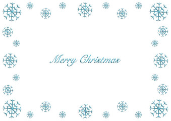 Merry Christmas greeting card with text and winter frame made of snow flakes