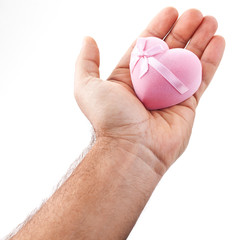 Pink heart in male hands.