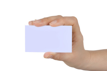 Paper card in woman hand isolated on white background