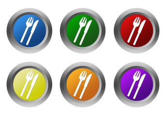 Set of rounded colorful buttons with restaurant symbol