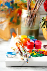 Beautiful still life with professional art materials, close up