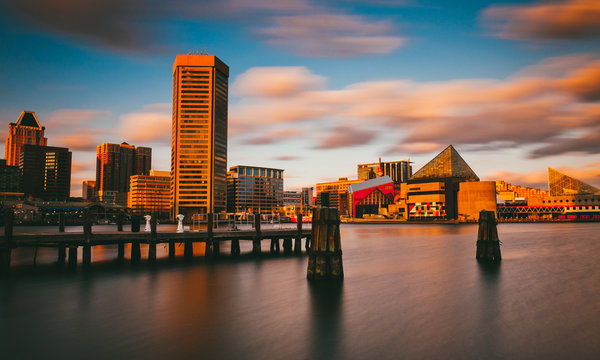 Evening long exposure of the Baltimore Inner Harbor Skyline, Mar
