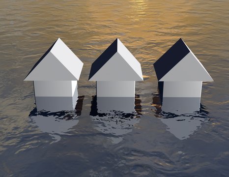 Flood concept with simple 3d houses under water.