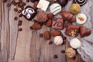 Different chocolates with coffee beans