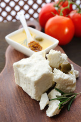 Feta cheese on table close-up