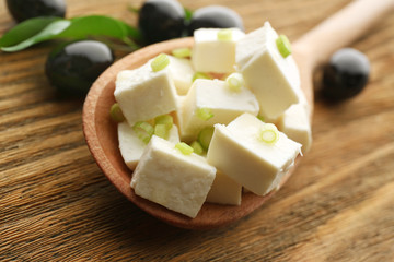 Feta cheese on table close-up