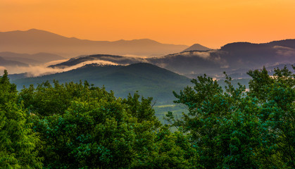 Fog over the Appalachian Mountains at sunset, seen from the Blue