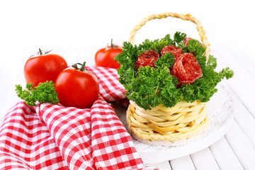 Smoked cheese in shape of basket on table