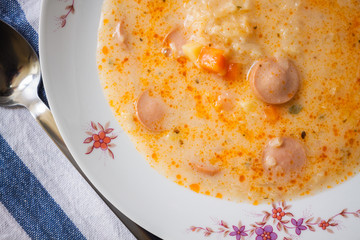 Frankfurt soup, top view, closeup